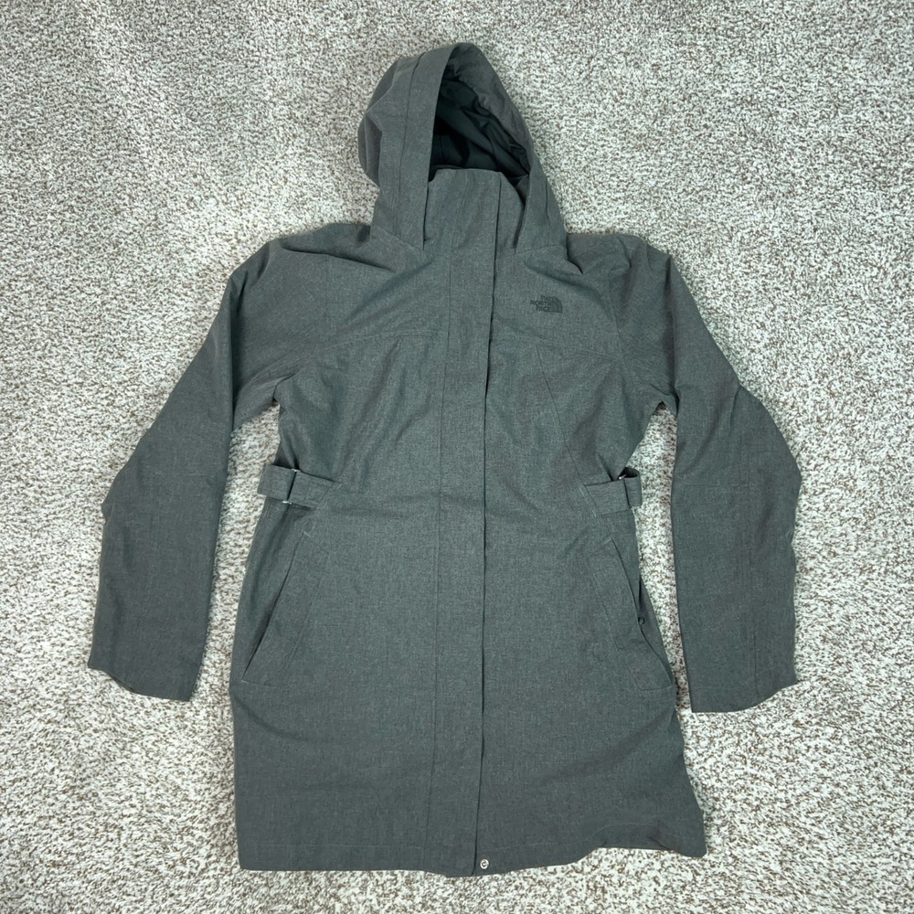North Face Coat Womens Large Gray Hooded Jacket Parka Zip Snap Pockets Outdoor